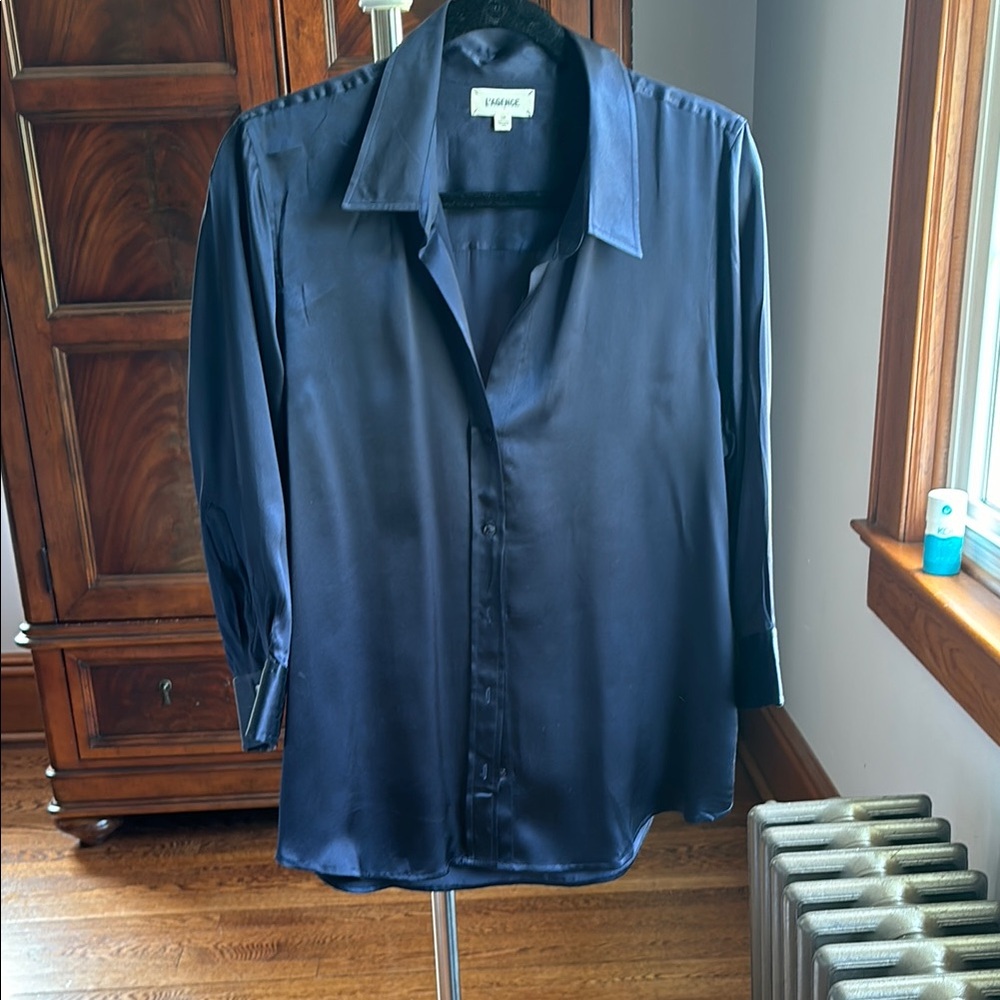 L'AGENCE Navy Blue Satin Blouse